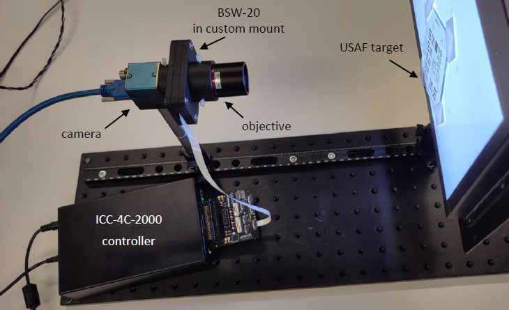 安裝組件，BSW-20 位于相機(jī)和物鏡之間。一個(gè)USAF目標(biāo)用于顯示分辨率的變化