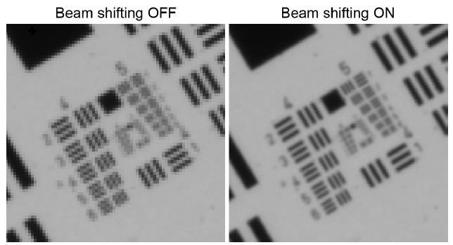圖 8：（左）USAF目標(biāo)在關(guān)閉 BSW-20 的單色相機(jī)上成像。(右圖）開(kāi)啟 BSW-20 后USAF目標(biāo)成像。橫向分辨率提高了 41%。