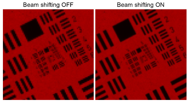 圖 9：（左）在關(guān)閉 BSW-20 的情況下，用彩色相機(jī)的紅色通道拍攝的USAF目標(biāo)。(右圖）開(kāi)啟 BSW-20 后拍攝的USAF目標(biāo)。橫向分辨率提高了 100%。