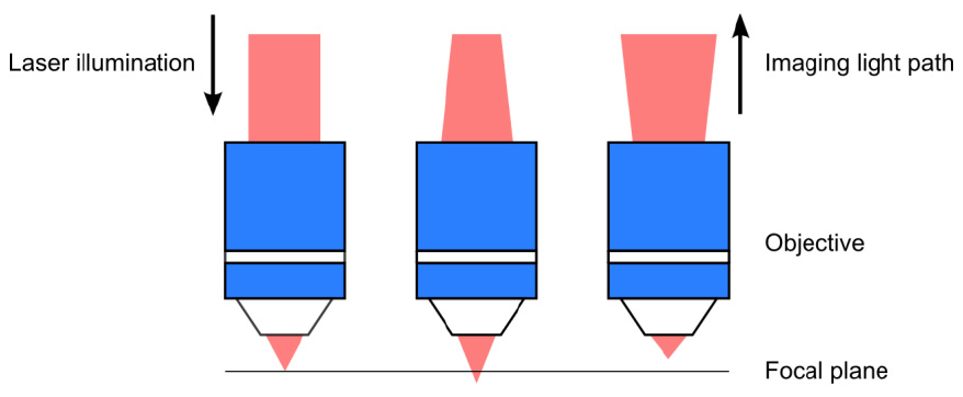 無限遠校正物鏡在成像過程中將平行光束聚焦到焦平面上的光點，反之亦然