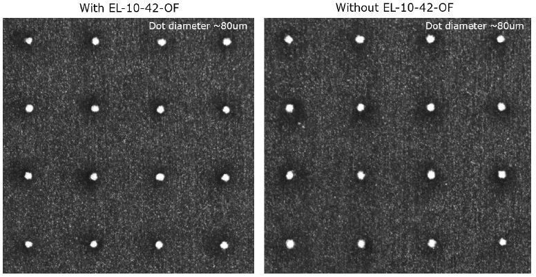 在光束路徑中安裝和不安裝 EL-10-42-OF 時的打標(biāo)質(zhì)量比較，兩種設(shè)置之間沒有任何差異